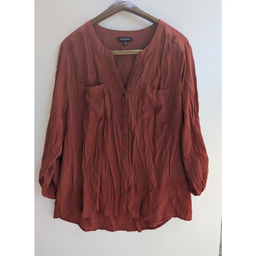 Notations Top Womens 2X Pinkish Coral ‎ 3/4 Sleeve Button Up Blouse
